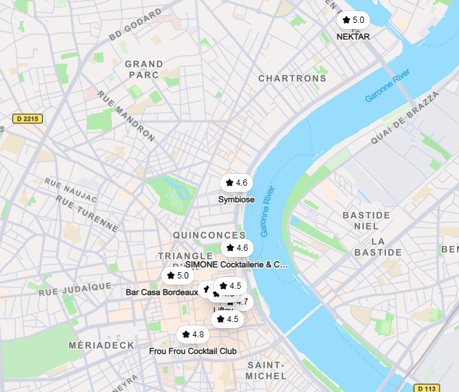 Carte de Bordeaux montrant plusieurs bars à cocktails en ville